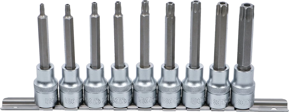 Bit-Einsatz-Satz, Antrieb Innenvierkant 12,5 mm (1/2"), T-Profil (für Torx) mit Bohrung, 9-tlg.