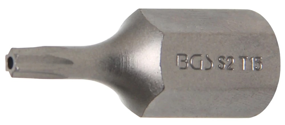 Bit, Länge 30 mm, Antrieb Außensechskant 10 mm (3/8"), T-Profil (für Torx) mit Bohrung T15