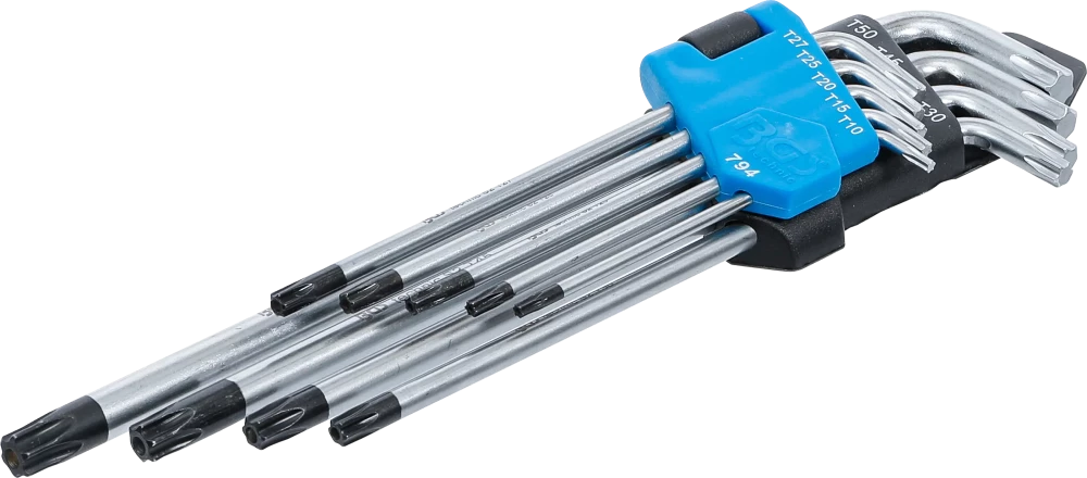 Winkelschlüssel-Satz, extra lang, T-Profil (für Torx) mit Bohrung T10 - T50, 9-tlg.