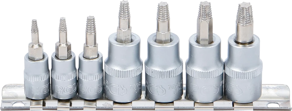 Schraubenausdreher-Bit-Einsatz-Satz, Antrieb Innenvierkant 6,3 mm (1/4") / 10 mm (3/8"), für defektes T-Profil (für Torx), T10 - T40, 7-tlg.