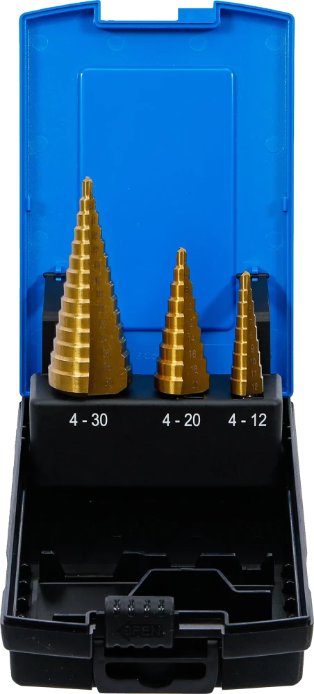 Stufenbohrer-Satz, titannitriert, Ø 4 - 30 mm, 3-tlg.