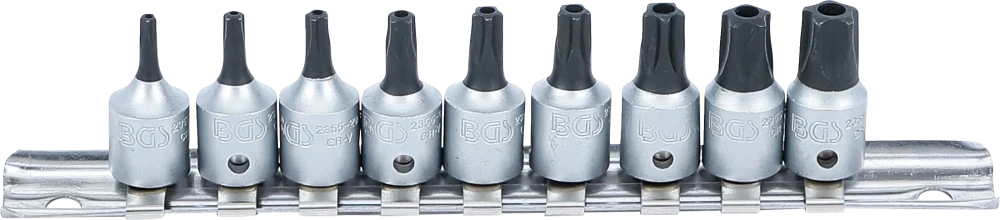 Bit-Einsatz-Satz, Antrieb Innenvierkant 6,3 mm (1/4"), TS-Profil (für Torx Plus) mit Bohrung TS10 - TS50, 9-tlg.