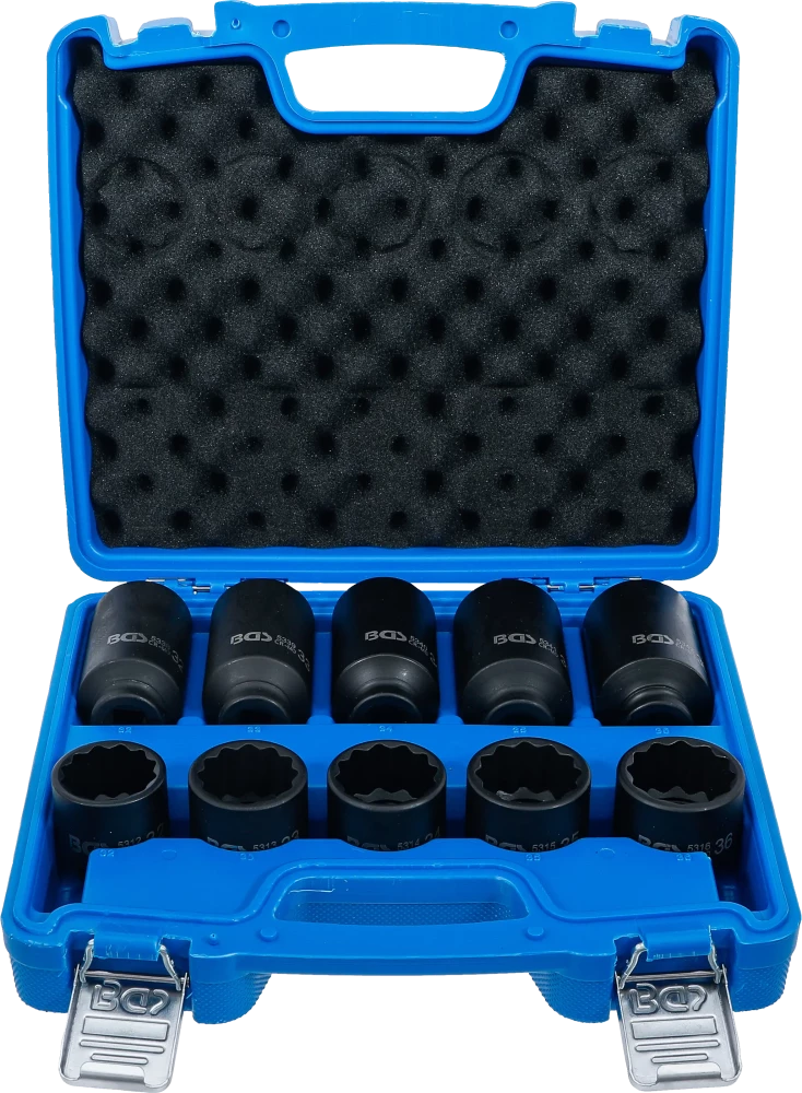 Kraft-Steckschlüssel-Einsatz-Satz, Zwölfkant, Antrieb Innenvierkant 12,5 mm (1/2"), SW 32 - 36 mm, 10-tlg.