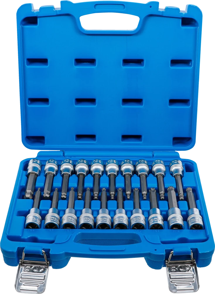 Bit-Einsatz-Satz, Antrieb Innenvierkant 12,5 mm (1/2"), Innensechskant, T-Profil (für Torx), Innenvielzahn (für XZN) mit Kugelkopf, 20-tlg.