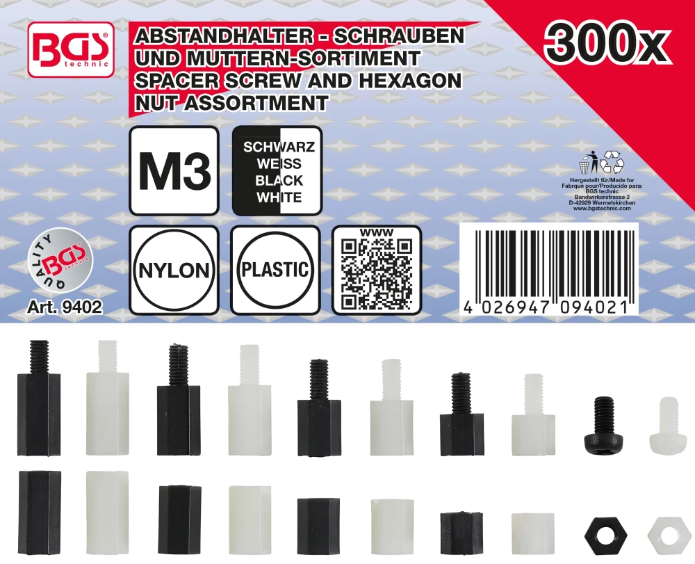 Abstandhalter-Schrauben und Sechskant-Muttern-Sortiment, Nylon, 300-tlg.