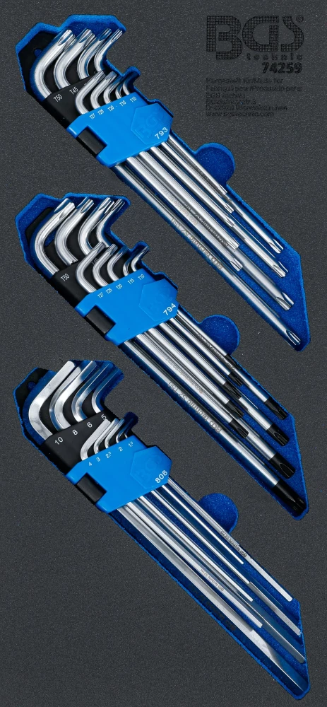 Werkstattwageneinlage 1/3: Winkelschlüssel-Satz, extra lang, T-Profil (für Torx), T-Profil (für Torx) mit Bohrung, Innensechskant, 27-tlg.