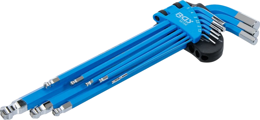 Winkelschlüssel-Satz, extra lang, Innensechskant / Innensechskant mit Kugelkopf 1,5 - 10 mm, 9-tlg.
